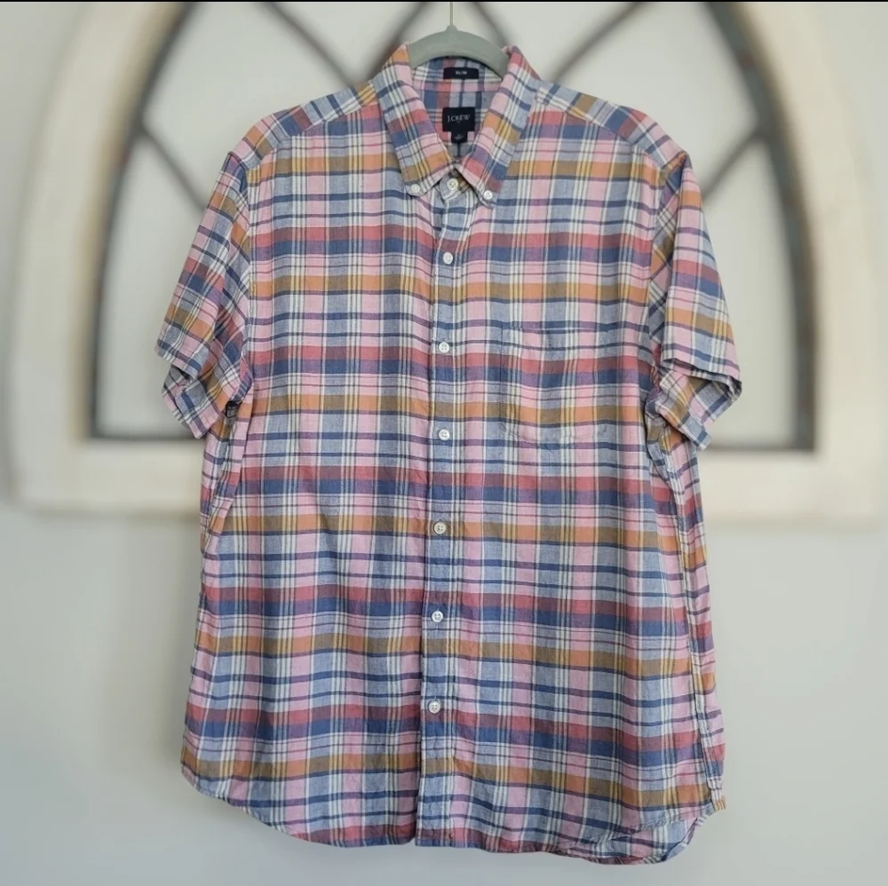 J.Crew Mens Slim Fit Linen Blend Plaid Short Sleeve Button Up Shirt , Sz Large
